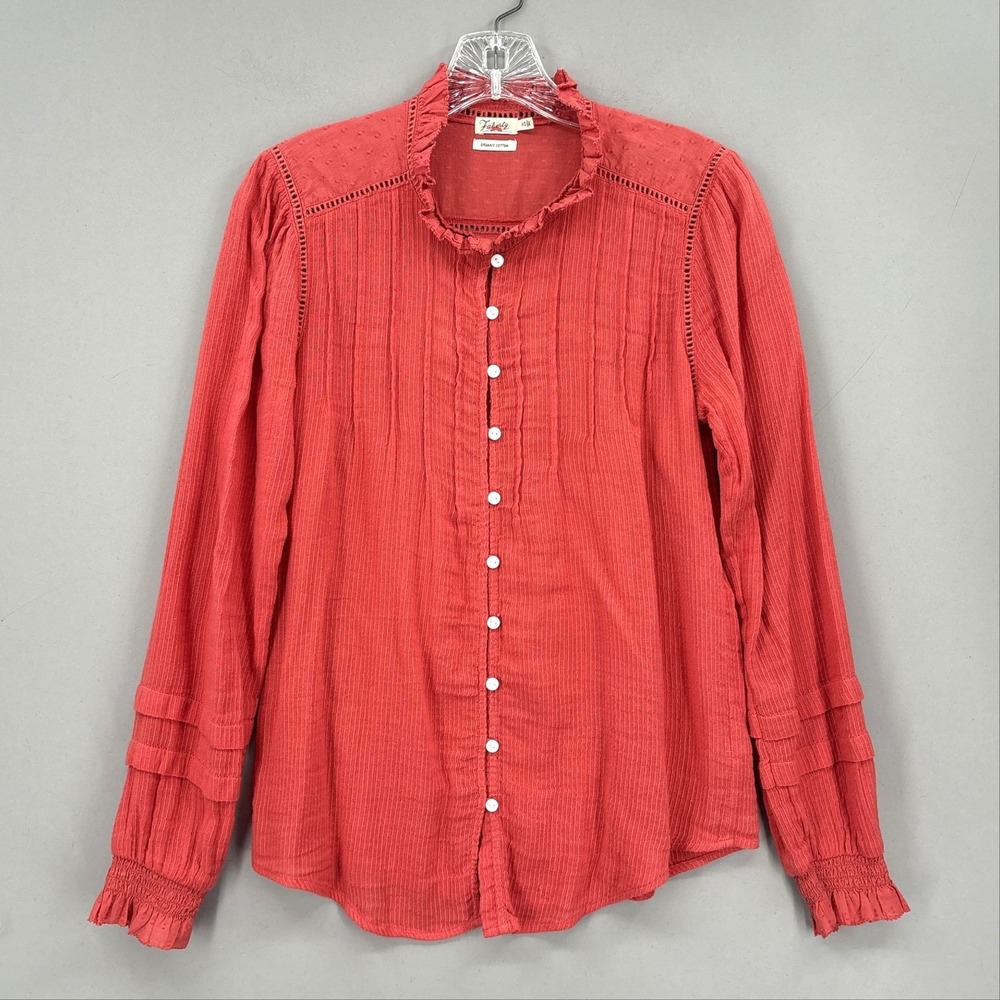 Faherty‎ Blouse Womens XS Salmon Red Mock Neck Long Sleeve Organic Ruffle Top